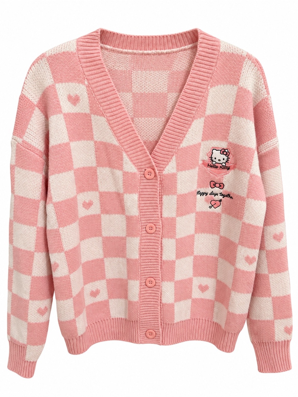 Hello Kitty Pink and Cream Checkered Button-Up Cardigan,Woman’s Size Large